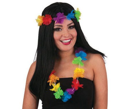 perruque hawai avec couronne et collier de fleurs