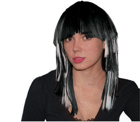 perruque cheveux mi-longs noirs & blanc