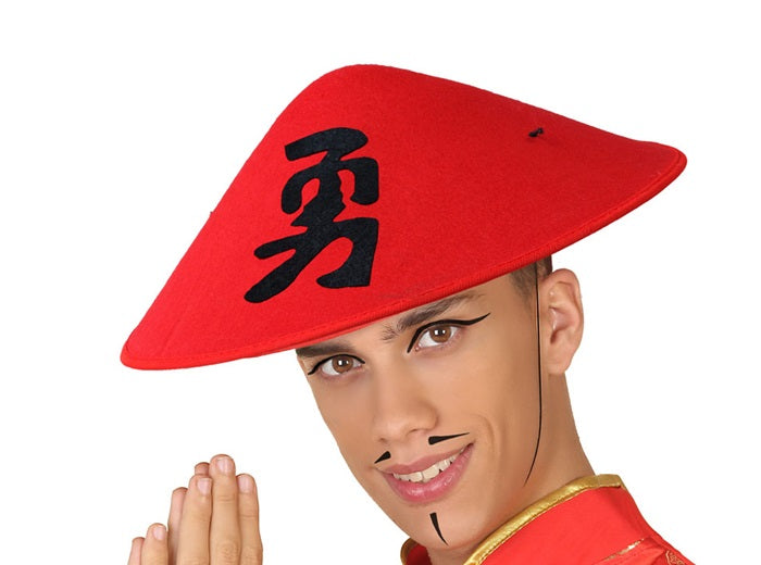 chapeau chinois conique rouge avec motif noir adulte