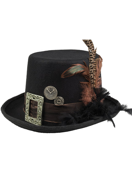 Chapeau Steampunk noir avec boucle et plumes adulte