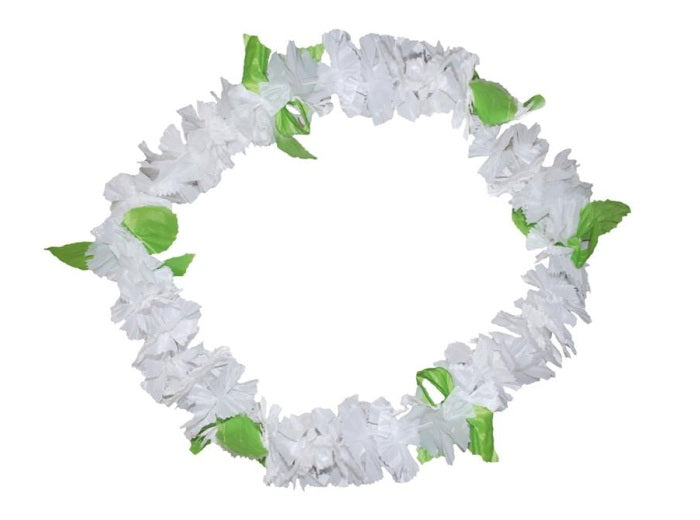 collier de fleurs épais tahiti hawaï blanc avec feuilles vertes