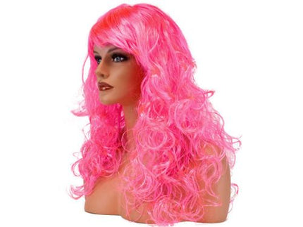 perruque cheveux longs bouclés néon rose pink