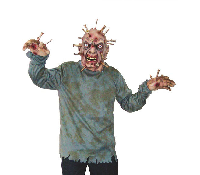 masque latex + déguisement de zombie avec visage clouté