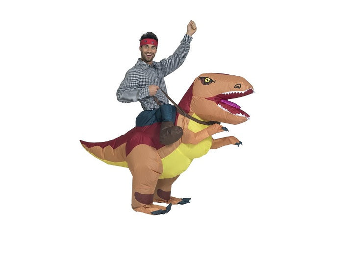 déguisement gonflable aventurier sur t-rex adulte