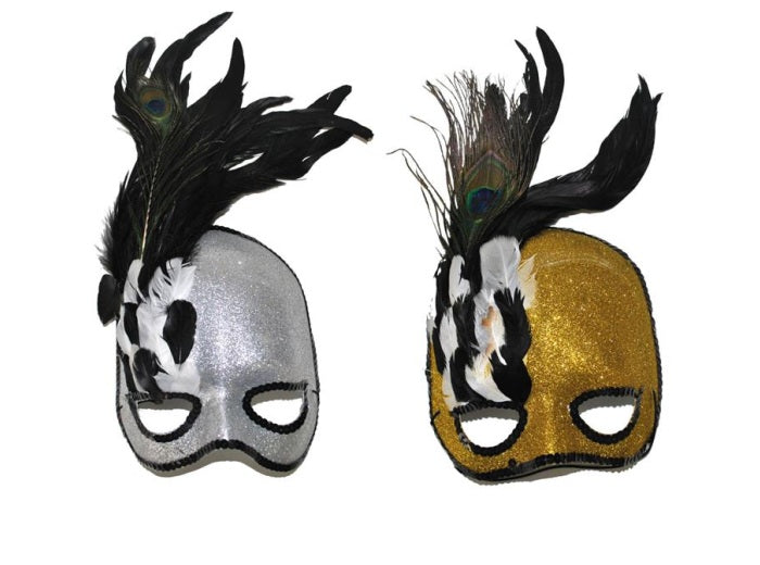 demi masque à paillettes avec plumes mix 18x17cm