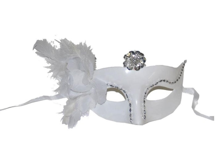 masque loup avec plumes et ornement fleur blanc