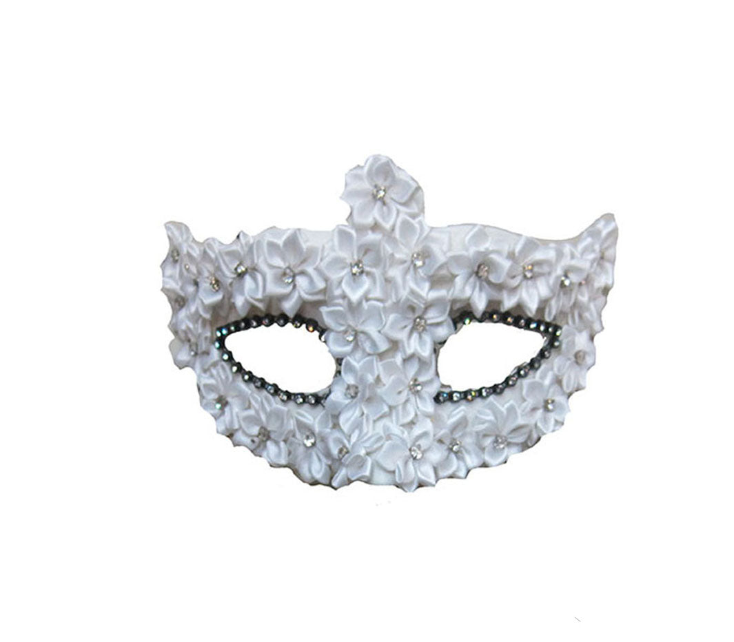 masque loup à ornements petites fleurs et strass blanc