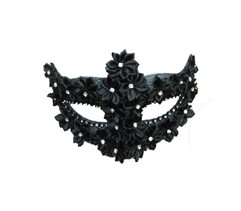 masque loup à ornements petites fleurs et strass noir