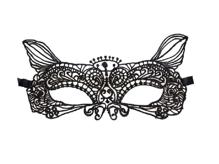 masque loup luxe dentelle avec oreilles de chat noir