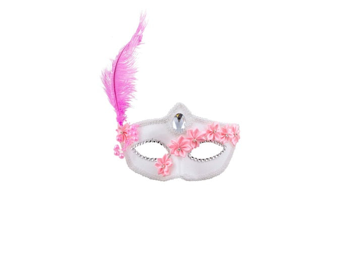 masque loup blanc avec plume et fleurs rose
