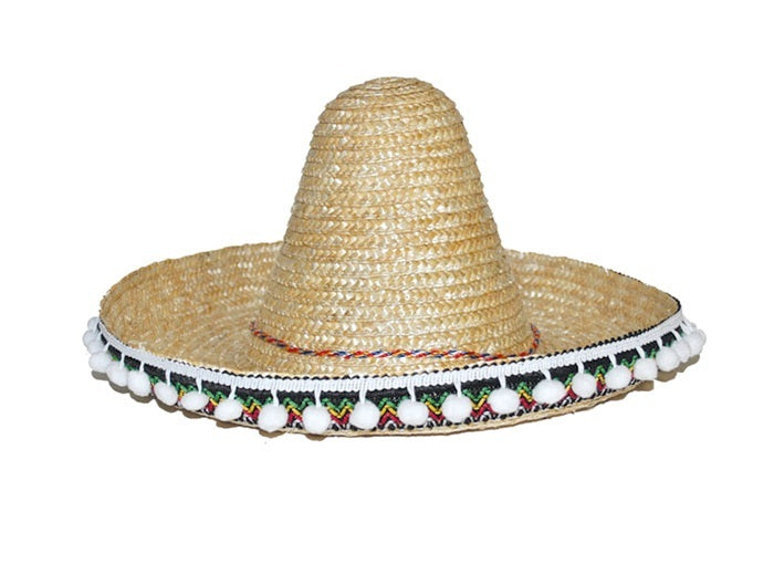 sombrero en paille nature & pompons blancs enfant 25cm