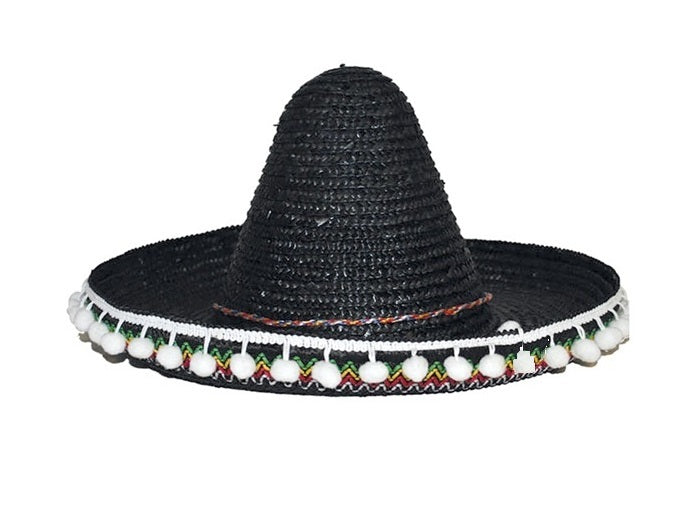 sombrero en paille noir & pompons blancs enfant 25cm