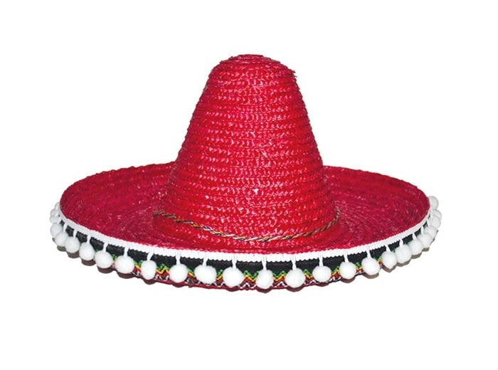sombrero en paille rouge & pompons blancs enfant 25cm