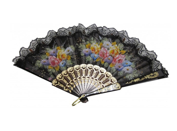 éventail avec fleurs et dentelles noir