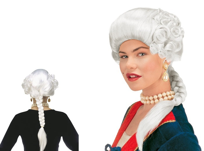 perruque rococo avec queue de cheval blanc femme
