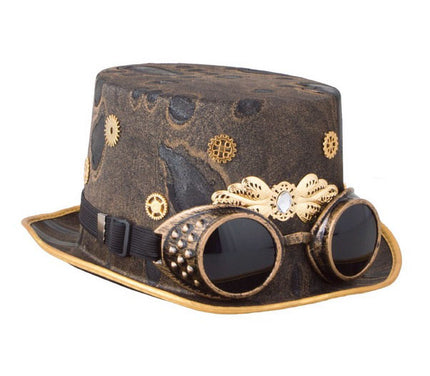 chapeau haut de forme steampunk marron avec lunettes