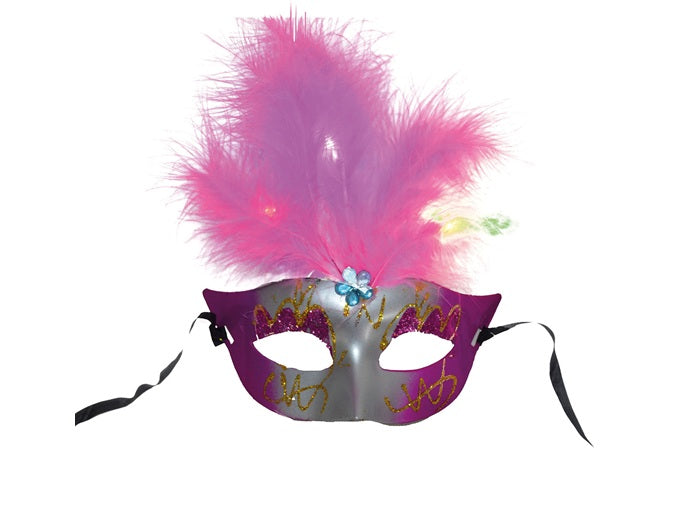 masque loup lumineux led avec plumes rose adulte
