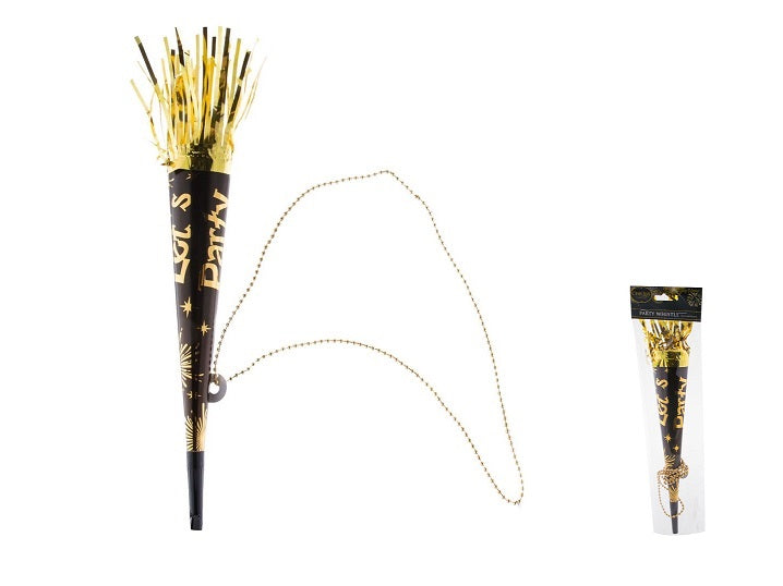 trompette avec collier motif let''s party noir et or 32cm