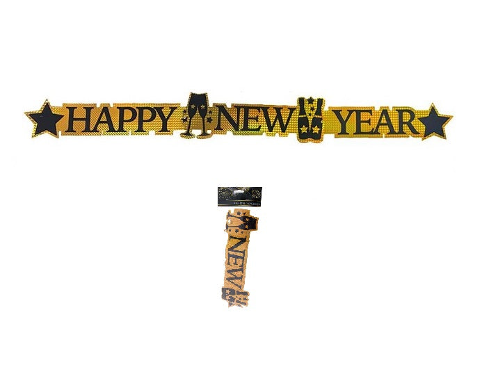 bannière or/noir motif happy new year 113x11.5cm