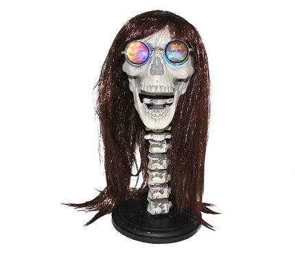 tête de squelette avec perruque et lunettes lumineuse 43cm