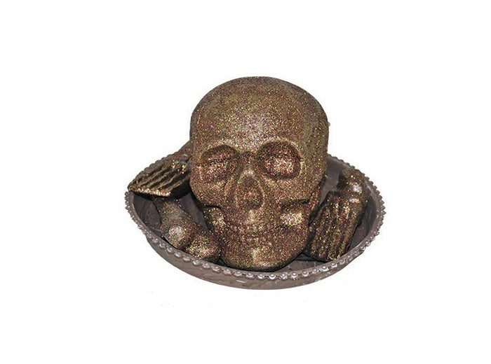 plateau avec ossements et crâne lumineux or 35cm