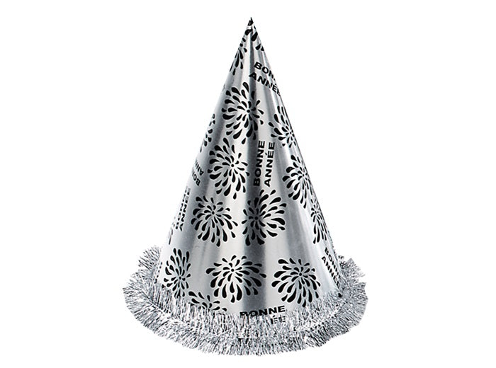 chapeau cône métallisé argent bonne année avec guirlande 27cm