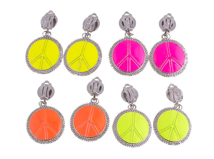 boucles d''oreilles peace & love fluo avec clips mix 6cm