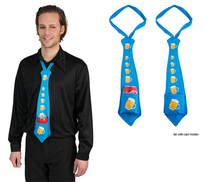 cravate bleu à motif bières avec poche porte boisson