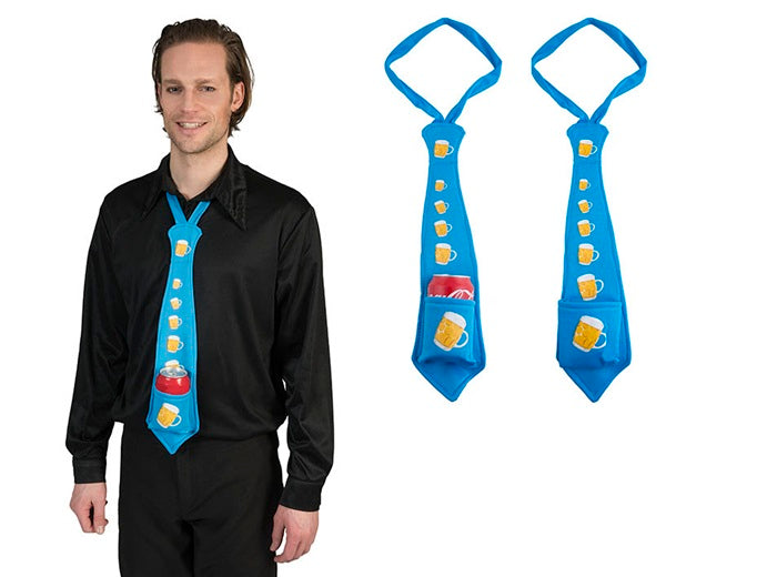 cravate bleu à motif bières avec poche porte boisson