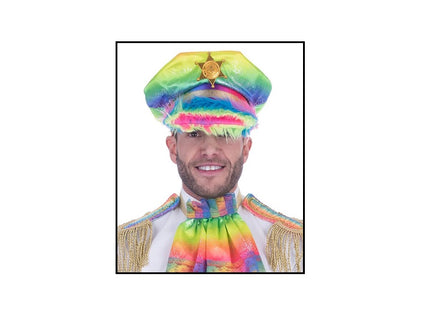 casquette policier rainbow avec plumes et insigne