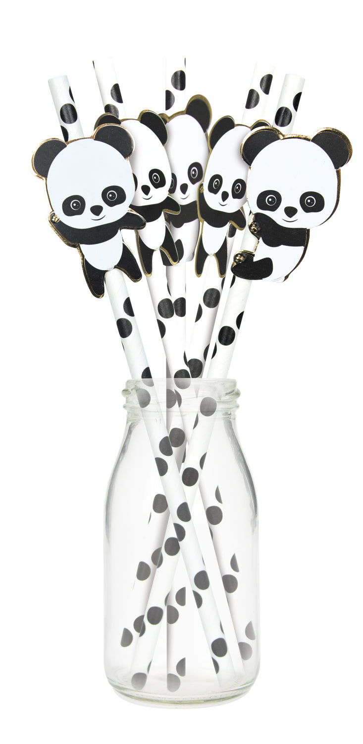 SET 10 PAILLES BLANCHES POIS NOIRS BABY PANDA