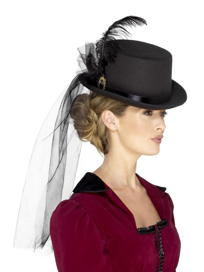 Chapeau victorien avec plume et voile noir adulte
