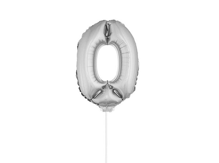 ballon chiffre 0 en aluminium avec bâton argent 40cm