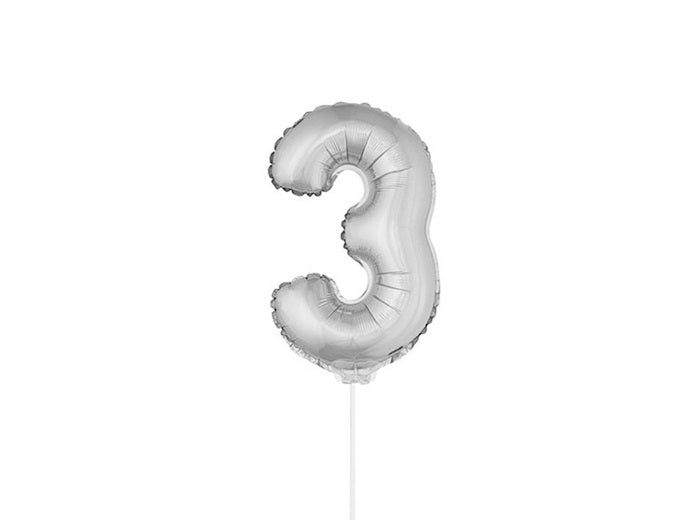 ballon chiffre 3 en aluminium avec bâton argent 40cm