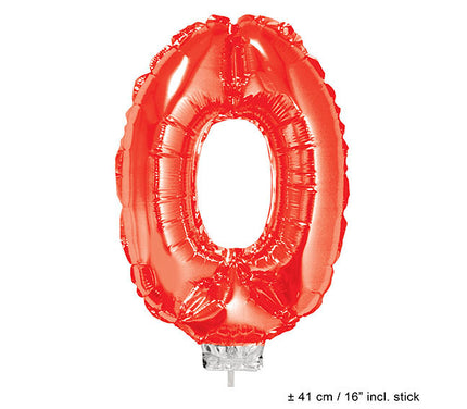 ballon chiffre 0 en aluminium avec bâton rouge 40cm