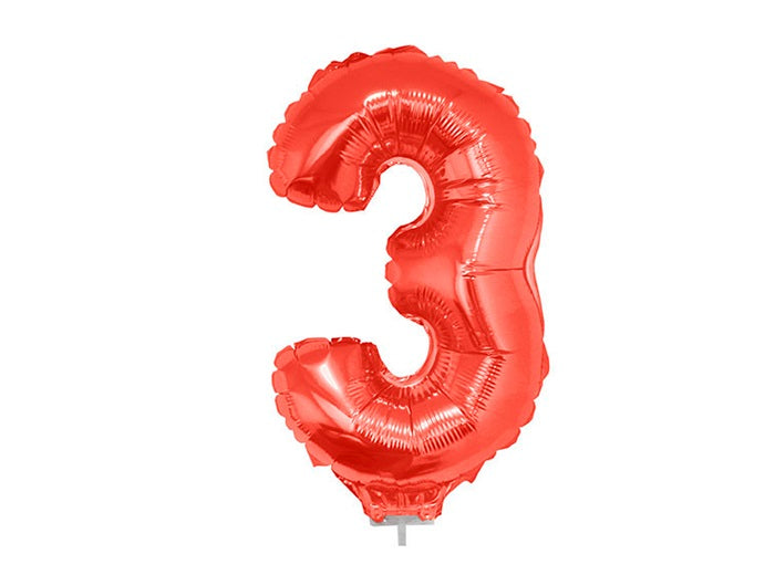 ballon chiffre 3 en aluminium avec bâton rouge 40cm