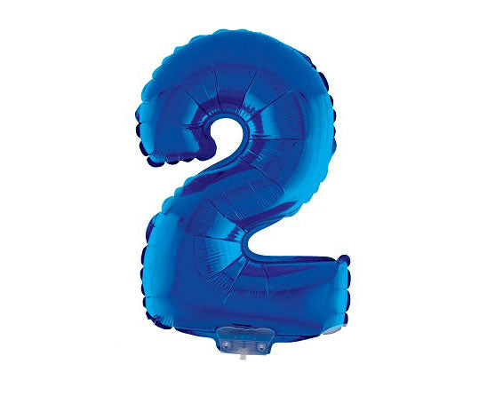 ballon chiffre 2 en aluminium avec bâton bleu 40cm