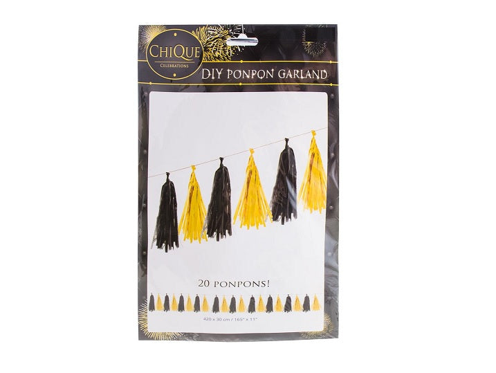 kit guirlande avec 20 pompons noir et or 4.2x0.3m