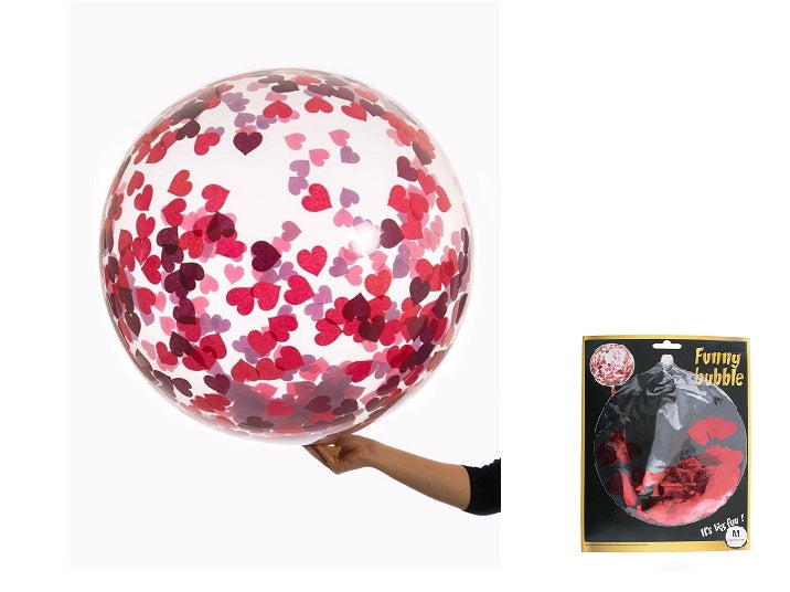 ballon rond transparent avec confettis coeur rouge 45cm