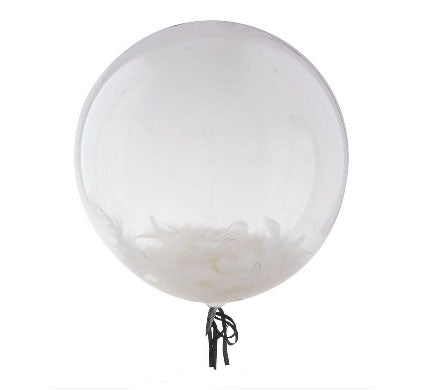 ballon transparent avec plumes blanches 45cm