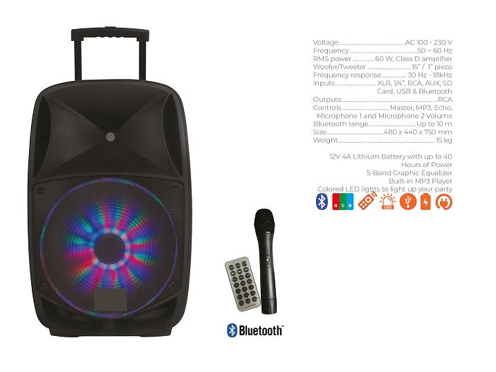 haut parleur 15'''' actif karaoké portable led et batterie 60w