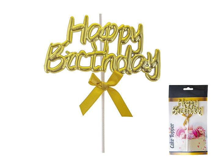 topper happy birthday métallisé avec ruban or sur pique 20cm