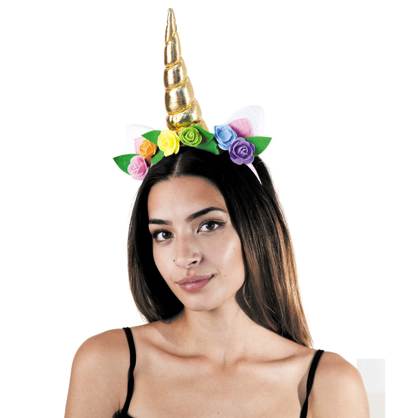 SERRE TETE LICORNE DOREE A FLEURS