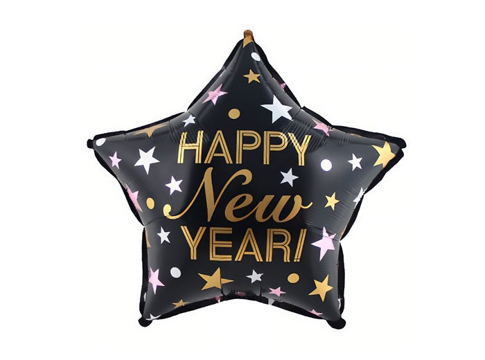 ballon aluminium étoile happy new year noir or 46x46cm