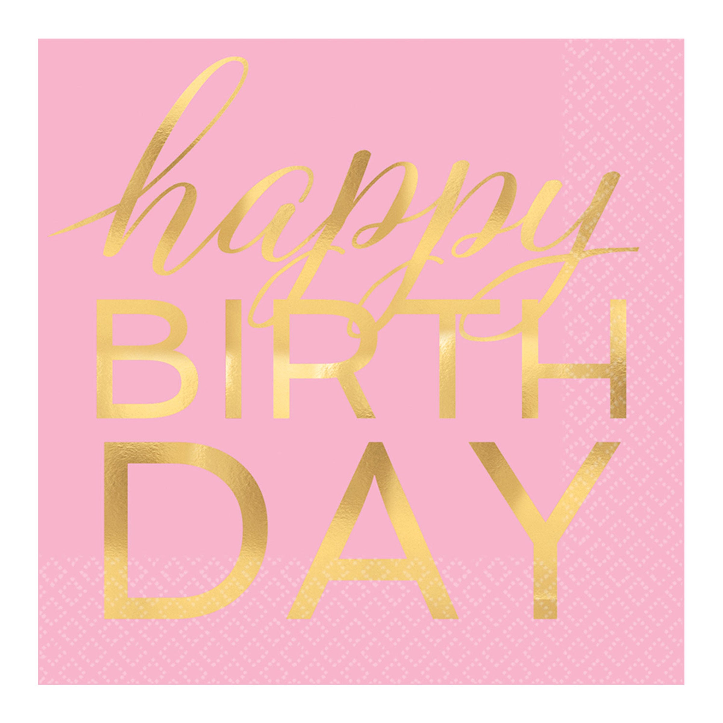 16 Serviettes en papier roses happy birthday doré