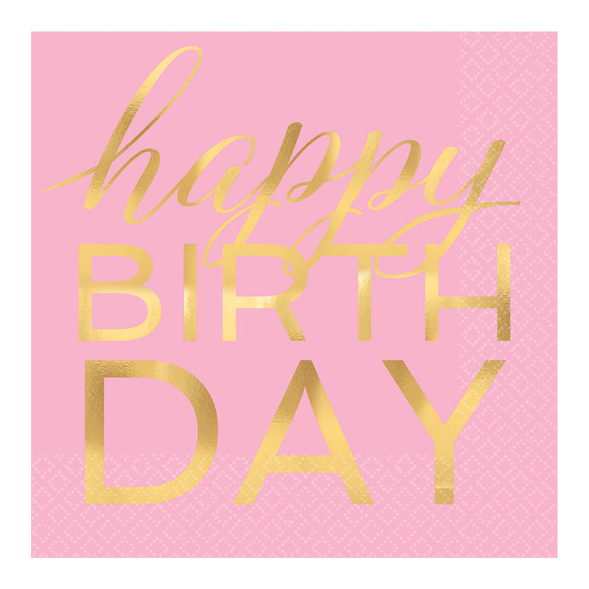 16 Serviettes en papier roses happy birthday doré