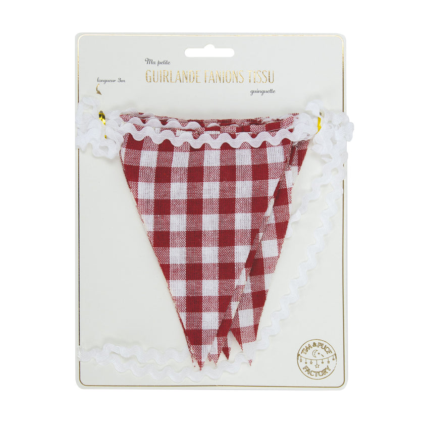 GUIRLANDE GUINGUETTE EN TISSU VICHY ET GALON VINTAGE 3M