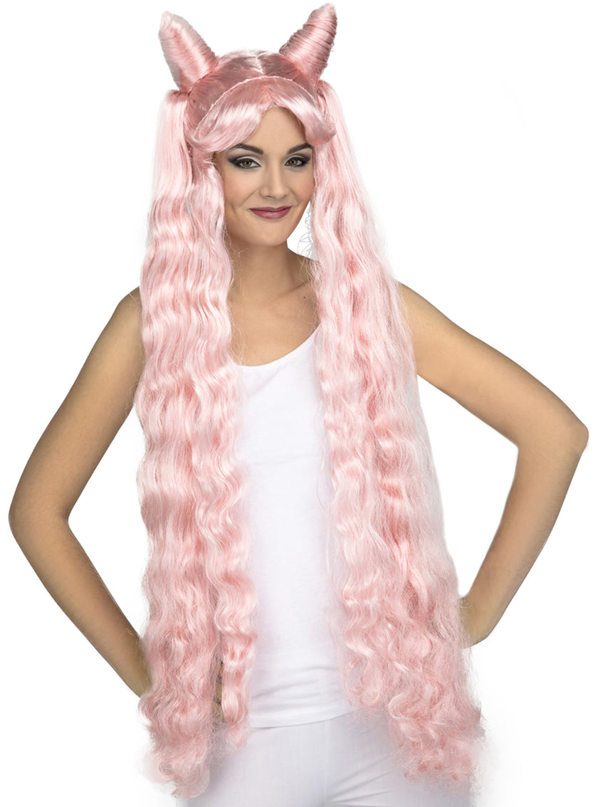 Perruque couettes longues roses femme