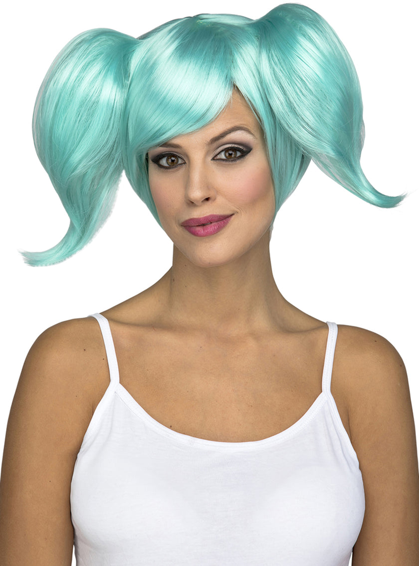 Perruque courte avec couettes turquoise femme