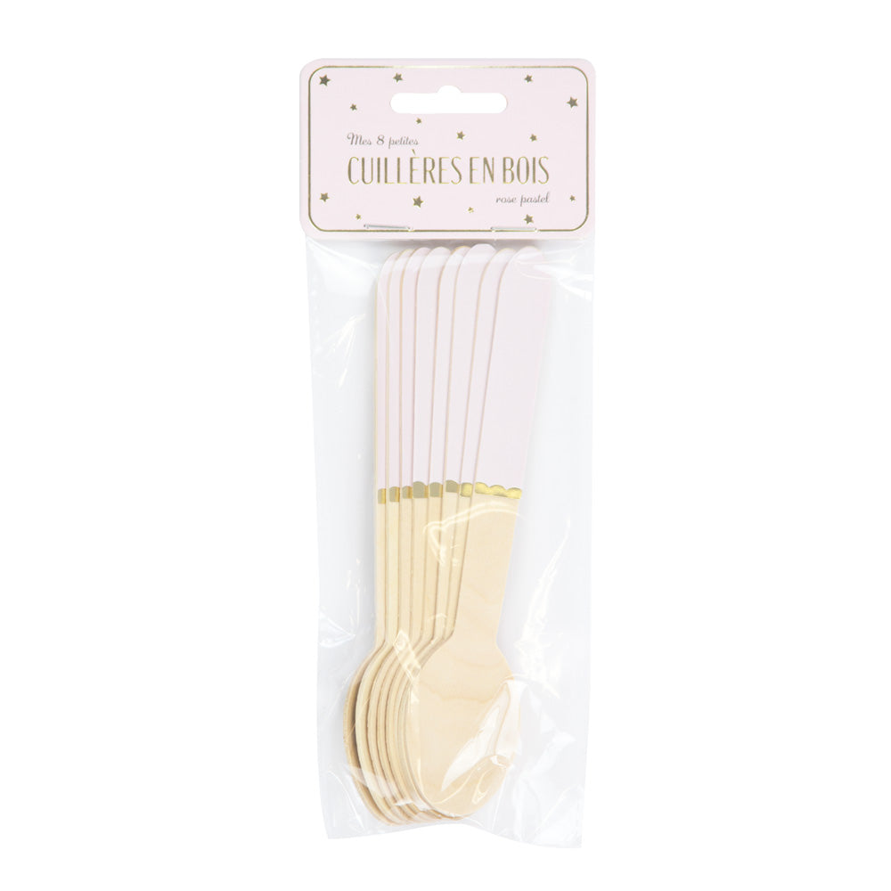 PETITES CUILLERES EN BOIS ROSE PASTEL X 8